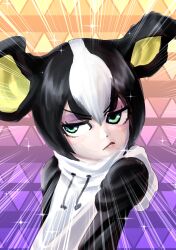 Rule 34 | 1girl, absurdres, animal ears, black hair, byackopath (artist), commentary, dog ears, dog girl, emphasis lines, green eyes, highres, hood, hoodie, humanization, iggy (jojo), jojo no kimyou na bouken, kemono friends, multicolored hair, patterned background, personification, solo, two-tone hair, white hair