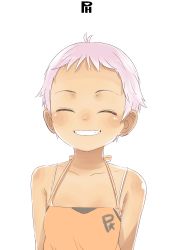 Rule 34 | 1girl, closed eyes, female focus, grin, happy, original, pink hair, satsuyo, short hair, simple background, smile, solo, tan, upper body, very short hair, white background