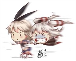 Rule 34 | 10s, 2girls, amatsukaze (kancolle), brown eyes, chibi, dated, garter straps, go-it, gotta go fast, kantai collection, long hair, motion blur, motion lines, multiple girls, running, school uniform, serafuku, shimakaze (kancolle), signature, silver hair, striped clothes, striped legwear, striped thighhighs, thighhighs, twintails, two side up