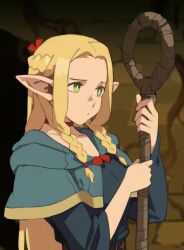 Rule 34 | 1girl, blonde hair, blue capelet, braid, capelet, dungeon meshi, elf, green eyes, highres, holding, holding staff, long hair, marcille donato, optionaltypo, pointy ears, solo, staff, twin braids