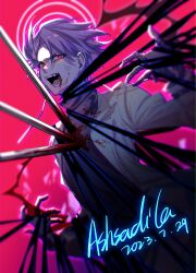 Rule 34 | 1boy, anger vein, black gloves, black sweater, blood, blood on clothes, blood on face, chromatic aberration, coat, dated, earrings, fangs, film grain, gloves, grey coat, highres, impaled, jewelry, long sleeves, male focus, open clothes, open coat, open mouth, purple hair, red eyes, sa you jia, saibou shinkyoku, short hair, shouting, signature, slit pupils, solo, sweater, theodore riddle, turtleneck, turtleneck sweater