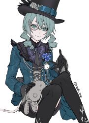 Rule 34 | 1girl, aiguillette, akazu kieshi, aqua bow, black feathers, black footwear, black gloves, black hat, black ribbon, black shorts, blazer, boots, bouquet, bow, breasts, buttons, closed mouth, colored eyelashes, cross-laced clothes, drill hair, feathers, feet out of frame, flower, gloves, green eyes, grey-framed eyewear, hat, hat bow, hat feather, hat flower, hatsune miku, highres, jacket, knees together feet apart, light green hair, looking at viewer, monocle, neck ribbon, plant, pocket watch, project sekai, puffy shorts, purple flower, ribbon, rose, semi-rimless eyewear, shorts, sidelocks, silver trim, simple background, small breasts, smile, solo, steampunk, stuffed animal, stuffed cat, stuffed toy, swept bangs, thigh boots, top hat, twin drills, twitter username, under-rim eyewear, vines, vocaloid, watch, white background