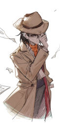 Rule 34 | 1boy, absurdres, black hair, black pants, bowler hat, brown coat, brown hat, buttons, closed mouth, coat, collared coat, collared shirt, commentary, cropped legs, danganronpa (series), english commentary, frown, gisces, hair between eyes, hand on headwear, hat, high-waist pants, highres, layered sleeves, long sleeves, looking ahead, male focus, medium hair, newspaper, open mouth, orange scarf, pants, pen behind ear, polka dot, polka dot scarf, purple eyes, scarf, shirt, simple background, solo, super danganronpa another 2, trench coat, white background, white shirt, yomiuri nikei