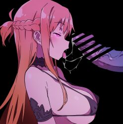 1boy 1girl after_fellatio armband asuna_(sao) bar_censor batta_16-sei black_background black_bra black_choker bra braid breasts censored choker commentary_request covered_erect_nipples empty_eyes from_side half_updo hetero highres large_breasts large_penis long_hair micro_bra open_mouth orange_hair out_of_frame penis pink_eyes saliva saliva_trail simple_background solo_focus sword_art_online tongue tongue_out underwear underwear_only upper_body veins veiny_penis