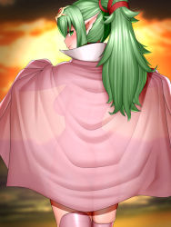 Rule 34 | 1girl, ass, backboob, breasts, cape, fire emblem, fire emblem awakening, fire emblem heroes, green hair, large breasts, naked cape, nintendo, nude, outdoors, pointy ears, ponytail, see-through, solo, tagme, tiki (adult) (fire emblem), tiki (fire emblem), uncats