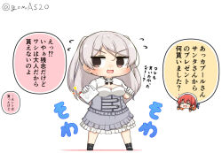 Rule 34 | 2girls, brown eyes, chibi, cleavage cutout, clothing cutout, commentary request, conte di cavour (kancolle), dress, etorofu (kancolle), frilled dress, frills, full body, gloves, goma (yoku yatta hou jane), grey dress, grey hair, head only, kantai collection, layered dress, long hair, looking to the side, multiple girls, open mouth, paper, simple background, solo focus, standing, translation request, twitter username, two-tone dress, two side up, wavy mouth, white background, white gloves