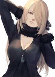 Rule 34 | 1girl, absurdres, arm up, black jacket, blonde hair, breasts, brown eyes, cleavage, collarbone, creatures (company), cynthia (pokemon), fur-trimmed sleeves, fur collar, fur trim, game freak, hair over one eye, highres, jacket, leaning to the side, long hair, long sleeves, medium breasts, misaki nonaka, nintendo, parted lips, pokemon, simple background, solo, upper body, very long hair, white background