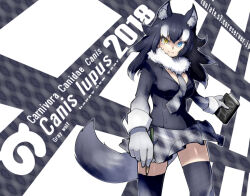 Rule 34 | 1girl, 2018, animal ear fluff, animal ears, black hair, black jacket, blue eyes, book, breasts, character name, fur collar, gloves, grey wolf (kemono friends), hair between eyes, heterochromia, holding, holding book, holding pencil, jacket, kemono friends, long hair, looking at viewer, medium breasts, multicolored hair, necktie, oso (toolate), pencil, pleated skirt, simple background, skirt, smile, solo, tail, thighhighs, watermark, web address, white hair, wolf ears, wolf girl, wolf tail, yellow eyes, zettai ryouiki