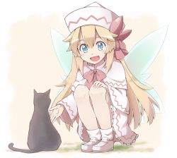 Rule 34 | 1girl, :d, animal, black cat, blonde hair, blue eyes, blush, bow, capelet, cat, dress, fairy wings, full body, hand on own knee, hat, hat bow, lily white, loafers, long hair, long sleeves, loose socks, open hand, open mouth, ribbon, shoes, smile, socks, solo, squatting, touhou, very long hair, white dress, wide sleeves, wings, yutamaro