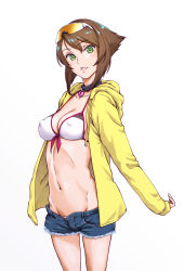 Rule 34 | 10s, 1girl, adapted costume, bikini, bikini under clothes, breasts, brown hair, cleavage, collar, covered erect nipples, cutoffs, denim, denim shorts, drawstring, eyewear on head, flipped hair, from side, front-tie bikini top, front-tie top, green eyes, grin, groin, head tilt, heart, heart-shaped lock, heart lock, heart lock (kantai collection), hip bones, hood, hood down, hooded jacket, hoodie, jacket, kaburagi yuki, kantai collection, lock, long sleeves, looking at viewer, lowleg, lowleg bikini, lowleg shorts, mutsu (kancolle), navel, open clothes, open fly, open hoodie, padlock, parted bangs, short hair, short hair with long locks, short shorts, shorts, sidelocks, simple background, smile, solo, standing, sunglasses, swimsuit, toned, unbuttoned, white background, white bikini, yellow jacket