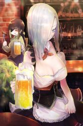 Rule 34 | 2girls, alcohol, bar (place), barmaid, beer, beer mug, blue eyes, blush, bottle, breasts, cleavage, commentary request, counter, cup, drunk, eyepatch, closed eyes, eyes visible through hair, food, fork, german flag, girls&#039; frontline, hair over one eye, holding clothes, holding skirt, large breasts, m16a1 (girls&#039; frontline), mg5 (girls&#039; frontline), mug, multiple girls, sausage, skirt, white hair, wine bottle, yodori-san