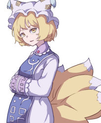 Rule 34 | 1girl, absurdres, animal hat, blonde hair, dress, eyebrows hidden by hair, fox tail, from side, hat, highres, kame (kamepan44231), long sleeves, looking at viewer, mob cap, multiple tails, one-hour drawing challenge, open mouth, own hands together, short hair, simple background, solo, standing, tabard, tail, touhou, white background, white dress, white hat, yakumo ran, yellow eyes