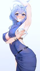 Rule 34 | 1girl, ako (blue archive), ako (dress) (blue archive), arm under breasts, arm up, armpits, backless dress, backless outfit, bangle, blue archive, blue dress, blue halo, blush, bracelet, breasts, cleavage, closed mouth, covered erect nipples, cowboy shot, crossed bangs, dress, earrings, from below, from side, halo, halter dress, halterneck, highres, jewelry, large breasts, long hair, plunging neckline, qweeliart, see-through, sideboob, sideless dress, simple background, solo, white background, wiping body