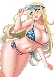 Rule 34 | 1girl, absurdres, american flag bikini, american flag print, bikini, blonde hair, blue eyes, breasts, cleavage, collarbone, commentary, commission, english commentary, feet out of frame, flag print, highres, iowa (kancolle), kantai collection, katou shinobu, large breasts, long hair, mixed-language commentary, pixiv commission, print bikini, side-tie bikini bottom, smile, solo, star-shaped pupils, star (symbol), swimsuit, symbol-shaped pupils, teeth, v, visor cap