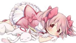 Rule 34 | 1girl, absurdres, blush, bow, bubble skirt, dress, frilled socks, frills, gloves, hair bow, highres, hitode, kaname madoka, kyubey, magical girl, mahou shoujo madoka magica, official style, petticoat, pink bow, pink dress, pink eyes, pink hair, puffy short sleeves, puffy sleeves, short hair, short sleeves, skirt, sleeping, smile, socks, solo, twintails, white gloves