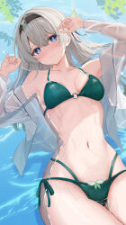 Rule 34 | 1girl, absurdres, alternate costume, bare shoulders, bikini, blue pupils, blush, breasts, collarbone, commentary, cowboy shot, firefly (honkai: star rail), green bikini, grey hair, highres, honkai: star rail, honkai (series), long hair, melvis, navel, partially submerged, purple eyes, see-through, see-through shirt, shirt, side-tie bikini bottom, small breasts, solo, swimsuit, water, wet, white shirt