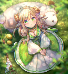 Rule 34 | 1girl, :o, ahoge, animal, bare shoulders, blonde hair, blush, breasts, cleavage, commentary request, detached sleeves, dress, food, fruit, full body, grass, green dress, green eyes, green footwear, hair between eyes, highres, horns, jewelry, long hair, looking at viewer, medium breasts, nagi (tartaros online), necklace, sheep, sheep horns, shoes, sidelocks, sitting, solo, staff, tartaros online, tenton (henatyo), wide sleeves