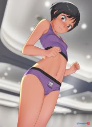 Rule 34 | 1girl, :3, artist name, black hair, blurry, blurry background, blush, bob cut, bra, breasts, chinese zodiac, closed mouth, commentary, depth of field, exhibitionism, from below, highres, long sleeves, looking at viewer, looking down, mu-pyon, nose blush, original, panties, print panties, public indecency, purple bra, purple eyes, purple panties, school uniform, shirt, short hair, signature, small breasts, solo, sports bra, sports panties, standing, twitter username, underwear, underwear only, white shirt, year of the tiger