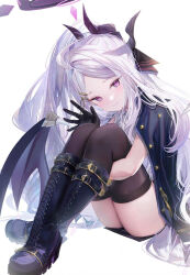 Rule 34 | 1girl, black footwear, black gloves, black thighhighs, black wings, blue archive, boots, closed mouth, collared shirt, cross-laced footwear, demon horns, demon wings, gloves, halo, hina (blue archive), horns, knee boots, long hair, looking at viewer, ouri (aya pine), purple eyes, shirt, simple background, sitting, smile, solo, thighhighs, white background, white shirt, wings