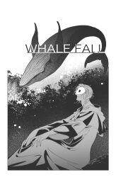 Rule 34 | 1boy, 5altybitter5, border, braid, closed mouth, english text, final fantasy, final fantasy xiv, flying whale, from side, greyscale, highres, hythlodaeus, male focus, mask, monochrome, profile, sitting, smile, solo, sophist&#039;s robe (ff14), whale, white border