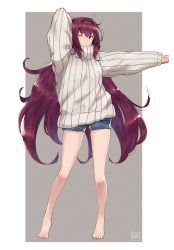 1girl breasts contemporary fate/grand_order fate_(series) full_body fumato grey_background hair_between_eyes hair_intakes highres large_breasts long_hair long_sleeves looking_at_viewer purple_hair red_eyes scathach_(fate) short_shorts shorts solo sweater white_sweater