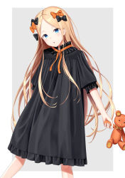 Rule 34 | 1girl, :o, abigail williams (fate), alternate costume, black bow, black dress, blonde hair, blue eyes, bow, commentary request, dress, fate/grand order, fate (series), forehead, frilled dress, frills, grey background, hair bow, highres, holding, holding stuffed toy, long hair, looking at viewer, multiple hair bows, orange bow, orange ribbon, parted bangs, parted lips, ribbon, sanpeita, short sleeves, solo, stuffed animal, stuffed toy, teddy bear, two-tone background, very long hair, white background