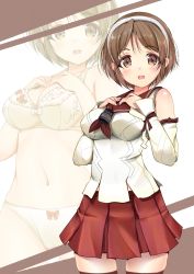 Rule 34 | 1girl, blush, bra, breasts, brown eyes, brown hair, cleavage, detached sleeves, hairband, hands on own chest, highres, kantai collection, large breasts, multiple views, natori (kancolle), neckerchief, open mouth, panties, red neckerchief, red sailor collar, red skirt, sailor collar, short hair, simple background, skirt, thighhighs, underwear, white bra, white hairband, white panties, yashin (yasinz)