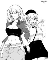 Rule 34 | 2girls, alternate costume, arm up, bag, belt, black skirt, bow, bowtie, frown, greyscale, hair between eyes, hands in pockets, hat, jacket, kantai collection, kashima (kancolle), locked arms, looking at viewer, midriff, monochrome, multiple girls, navel, aged up, one eye closed, open clothes, open jacket, pants, re-class battleship, shirt, short hair, shoulder bag, skirt, smile, strapless, tube top, twintails, wangphing, waving, white shirt