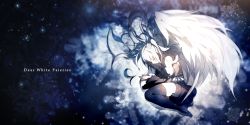 Rule 34 | 1girl, absurdres, angel, angel wings, black dress, black thighhighs, blurry, c.c.r (ccrgaoooo), curled up, detached sleeves, dress, english text, engrish text, closed eyes, feathered wings, flower, frilled sleeves, frills, hair flower, hair ornament, highres, light particles, long hair, lying, no shoes, on side, original, ranguage, snowflakes, solo, thighhighs, twintails, white hair, white wings, wide sleeves, wings, zettai ryouiki