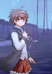 Rule 34 | ahoge, blue sky, brown eyes, day, dress, grey hair, grey vest, hand on own chest, headband, hiyou (warship girls r), holding, holding ribbon, looking at viewer, pleated skirt, red dress, ribbon, sailor collar, shirt, short hair, skirt, sky, smile, solo, standing, ujo, utility pole, vest, waistcoat, warship girls r, white ribbon, white shirt