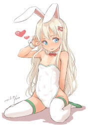 Rule 34 | 1girl, animal ears, aqua eyes, bad anatomy, bad leg, blonde hair, blush, bow, dated, detached collar, fake animal ears, fyuo, grecale (kancolle), hair bow, highres, kantai collection, leotard, long hair, one-hour drawing challenge, one-piece tan, pink bow, playboy bunny, rabbit ears, signature, simple background, solo, strapless, strapless leotard, tan, tanline, white background, white leotard, wrist cuffs