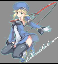 Rule 34 | 1girl, arc system works, beret, black thighhighs, blazblue, blonde hair, blue footwear, boots, copyright name, detached sleeves, female focus, gloves, green eyes, hat, long hair, necktie, noel vermillion, omega.ep, omeganesm, red ribbon, ribbon, solo, thighhighs, uniform, white gloves