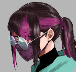 Rule 34 | 1girl, brown hair, commentary request, covered mouth, glasses, green eyes, grey background, hair over one eye, han juri, henriiku (ahemaru), heterochromia, long hair, looking at viewer, mask, mouth mask, multicolored hair, ponytail, portrait, purple eyes, purple hair, rimless eyewear, round eyewear, sidelocks, sideways glance, simple background, solo, streaked hair, street fighter, street fighter 6, turtleneck, two-tone hair