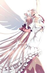 Rule 34 | 1girl, absurdly long hair, arm up, bow, breasts, choker, collarbone, cowboy shot, dress, frilled dress, frills, from side, gloves, hair bow, kaname madoka, layered dress, long hair, looking up, low neckline, mahou shoujo madoka magica, mahou shoujo madoka magica: hangyaku no monogatari, misteor, open mouth, pink hair, pink thighhighs, profile, simple background, small breasts, solo, thighhighs, twintails, ultimate madoka, very long hair, white background, white choker, white dress, white gloves, wings, yellow eyes
