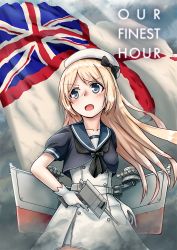 Rule 34 | 1girl, blonde hair, blue eyes, blue sailor collar, cloud, commentary request, cowboy shot, dress, english text, flag, gloves, gun, hat, highres, jervis (kancolle), kantai collection, long hair, machinery, owada (kousonhuchi), sailor collar, sailor dress, sailor hat, short sleeves, solo, union jack, united kingdom, weapon, white dress, white gloves, white hat, world war ii