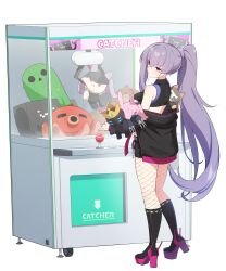 Rule 34 | 1girl, absurdres, bare shoulders, counter:side, crane (machine), high heels, highres, machine-g.a.p., official art, ponytail, purple hair, red eyes, replacer bishop, replacer king, replacer knight, replacer queen, robot, stuffed animal, stuffed octopus, stuffed toy, tachi-e, wheel