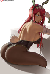 Rule 34 | 1girl, alternate costume, animal ears, arched back, ass, bare shoulders, black leotard, black pantyhose, breasts, closed mouth, commentary, earrings, erza scarlet, fairy tail, fairy tail: dragon cry, fake animal ears, from side, hair ornament, hair over one eye, heart, heart hair ornament, highres, jewelry, large breasts, leotard, long hair, looking at viewer, looking back, pantyhose, patreon logo, patreon username, playboy bunny, rabbit ears, rabbit tail, red hair, shexyo, simple background, sitting, solo, strapless, strapless leotard, tail, thighs, watermark, web address, white background