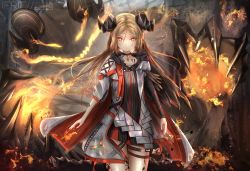 Rule 34 | 1girl, 1other, aged up, arknights, asymmetrical sleeves, blonde hair, cape, commentary request, demon, demon horns, fire, fireball, highres, horns, ifrit (arknights), kayjae, long hair, material growth, originium arts (arknights), oripathy lesion (arknights), shorts, uneven sleeves