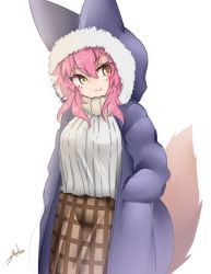 Rule 34 | 1girl, anho, animal ears, animal hood, blue coat, brown skirt, closed mouth, coat, fate/grand order, fate (series), fox ears, fox girl, fox hood, fox tail, hair between eyes, hands in pockets, hood, hooded coat, long hair, looking at viewer, open clothes, open coat, pink hair, plaid, plaid skirt, ribbed sweater, signature, sketch, skirt, solo, sweater, tail, tamamo (fate), tamamo no mae (fate/extra), v-shaped eyebrows, white background, white sweater, yellow eyes