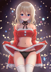 Rule 34 | 1girl, aoyama blue mountain, backlighting, bandeau, bare shoulders, black choker, black panties, blonde hair, blue eyes, blurry, bokeh, breasts, choker, christmas, clothes lift, collarbone, commentary request, cowboy shot, crop top, crotch seam, depth of field, fur trim, gochuumon wa usagi desu ka?, groin, hair between eyes, highres, jacket, lifted by self, long hair, looking at viewer, midriff, miniskirt, navel, off shoulder, open clothes, open jacket, panties, red jacket, red skirt, sakuraume, skirt, skirt lift, small breasts, smile, solo, standing, stomach, strapless, thighhighs, thighs, tube top, underwear, white thighhighs