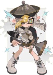 Rule 34 | + +, 1girl, black jacket, blush, blush stickers, boots, border, chinese clothes, closed mouth, commentary request, floating hair, full body, grey background, grey hair, grey hat, grey jacket, grey shorts, gun, hat, highres, holding, holding gun, holding weapon, inkling, inkling girl, inkling player character, jacket, long sleeves, looking at viewer, medium hair, multicolored clothes, multicolored jacket, nintendo, ofuda, outside border, p-pepper, paint splatter, pointy ears, qingdai guanmao, short eyebrows, short shorts, shorts, sidelocks, simple background, smile, smirk, solo, sparkle, splatoon (series), splatoon 2, sploosh-o-matic (splatoon), standing, star-shaped pupils, star (symbol), symbol-shaped pupils, tangzhuang, tentacle hair, two-tone jacket, v-shaped eyebrows, weapon, white border, white footwear, yellow eyes