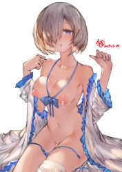 Rule 34 | 1girl, alternate costume, blue eyes, blush, breasts, hair over one eye, hamakaze (kancolle), heart, heart-shaped pupils, highres, kantai collection, lactation, large breasts, nipples, no bra, no panties, open mouth, sakura rock, short hair, silver hair, simple background, sitting, sleepwear, solo, symbol-shaped pupils, thighs, wariza, white background