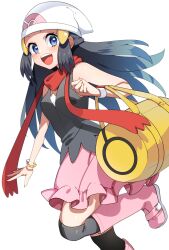 Rule 34 | 1girl, bag, black hair, black socks, black vest, blue eyes, boots, creatures (company), dawn (pokemon), foot out of frame, game freak, highres, holding, holding bag, long hair, looking at viewer, nintendo, open mouth, pink footwear, pink skirt, pokemon, pokemon dppt, red scarf, scarf, simple background, skirt, smile, socks, solo, upper body, vest, white background, white headwear, yuihico