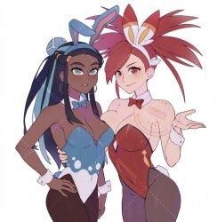 2girls animal_ears asymmetrical_docking azumarill bare_shoulders black_hair black_pantyhose blue_hair blue_leotard bow bow_choker breast_press breasts choker cleavage commentary commission creatures_(company) dark-skinned_female dark_skin detached_collar earrings english_commentary fake_tail flannery_(pokemon) game_freak gen_2_pokemon gen_8_pokemon hand_on_own_hip hoop_earrings jewelry large_breasts leotard long_hair looking_at_viewer medium_breasts multicolored_hair multiple_girls nessa_(pokemon) nintendo pantyhose parted_lips playboy_bunny pokemon pokemon_oras pokemon_swsh rabbit_ears rabbit_tail red_eyes red_hair red_leotard scorbunny smile symoca tail two-tone_hair white_background wrist_cuffs