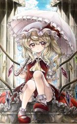 Rule 34 | 1girl, :o, ascot, blonde hair, bobby socks, bow, crystal, flandre scarlet, frilled shirt collar, frilled skirt, frilled sleeves, frilled socks, frilled umbrella, frills, hair between eyes, hat, hat ribbon, highres, hisako (6anmbblfnjueeff), mary janes, medium hair, mob cap, one side up, pillar, puffy short sleeves, puffy sleeves, red bow, red eyes, red footwear, red ribbon, red skirt, red vest, ribbon, shirt, shoes, short sleeves, sitting, sitting on stairs, skirt, socks, solo, stairs, stone stairs, touhou, traditional media, umbrella, vest, white hat, white shirt, white socks, white umbrella, wings, yellow ascot