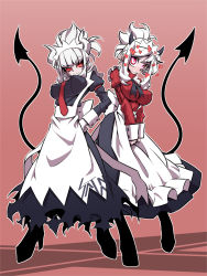 Rule 34 | 2girls, alternate costume, apron, back bow, black dress, black footwear, black horns, black neckwear, black tail, blush, boots, bow, breasts, clothes writing, commentary request, demon girl, demon horns, demon tail, dress, english text, enmaided, heart, heart-shaped pupils, helltaker, highres, horns, jin (mugenjin), large breasts, looking at viewer, lucifer (helltaker), maid, maid apron, maid headdress, modeus (helltaker), mole, mole under eye, multiple girls, neck ribbon, necktie, red neckwear, red shirt, ribbon, shirt, symbol-shaped pupils, tail, white apron, white hair, white horns, wrist cuffs