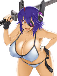 Rule 34 | 1girl, bikini, breasts, checkered clothes, checkered necktie, checkered neckwear, cleavage, covered erect nipples, eyepatch, headgear, holding, holding sword, holding weapon, kantai collection, kawanuma uotsuri, looking at viewer, necktie, open mouth, purple hair, shiny skin, short hair, simple background, solo, swimsuit, sword, tenryuu (kancolle), tenryuu kai ni (kancolle), weapon, white background, white bikini, yellow eyes