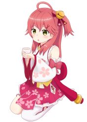 Rule 34 | 1girl, :o, ahoge, bell, bio012450, cherry blossom print, cup, detached sleeves, floral print, green eyes, hair bell, hair ornament, hairclip, highres, holding, holding cup, hololive, long hair, nontraditional miko, one side up, pink hair, sakura miko, sakura miko (1st costume), single thighhigh, solo, tea, thighhighs, virtual youtuber, white background, white thighhighs, wide sleeves