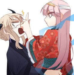 Rule 34 | 2girls, artoria pendragon (fate), artoria pendragon (lancer alter) (fate), bad id, bad twitter id, blonde hair, chinese clothes, commentary request, florence nightingale (divine princess of the storm) (fate), earrings, fate/grand order, fate (series), flick, florence nightingale (fate), forehead flick, from side, hanfu, highres, hochikass, horns, hug, jewelry, korean commentary, long hair, looking at another, multiple girls, open mouth, artoria pendragon (lancer alter) (ox-demon king) (fate), pink hair, red eyes, shawl, tearing up, white background, wide sleeves