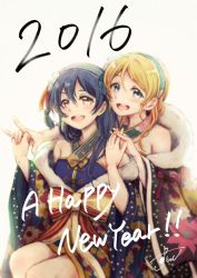 Rule 34 | 10s, 2016, 2girls, :d, ayase eli, black hair, blonde hair, blue eyes, brown eyes, fur trim, hairband, holding hands, happy new year, highres, japanese clothes, kimono, lilylion26, long hair, love live!, love live! school idol festival, love live! school idol project, multiple girls, new year, open mouth, smile, sonoda umi, white background